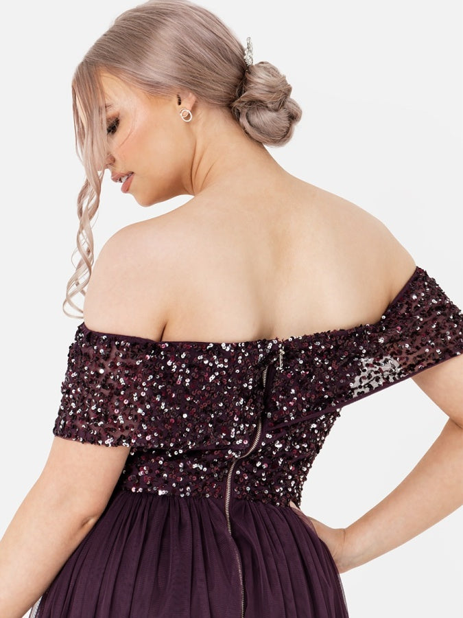 Maya Berry Bardot Embellished Maxi Dress