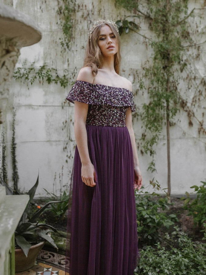 Maya Berry Bardot Embellished Maxi Dress