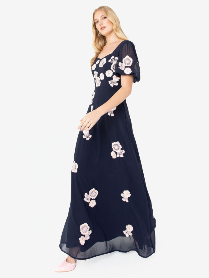 Maya Navy Short Sleeve Floral Embellished Maxi Dress