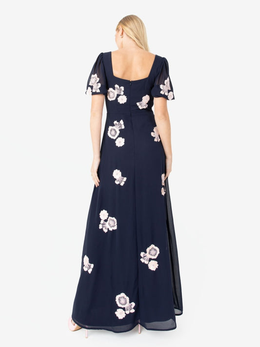 Maya Navy Short Sleeve Floral Embellished Maxi Dress