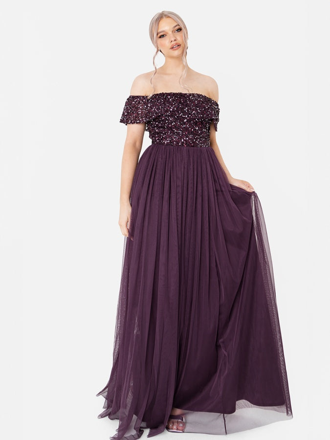 Maya Berry Bardot Embellished Maxi Dress