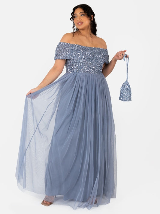 Maya Dusty Blue Bardot Embellished Maxi Dress