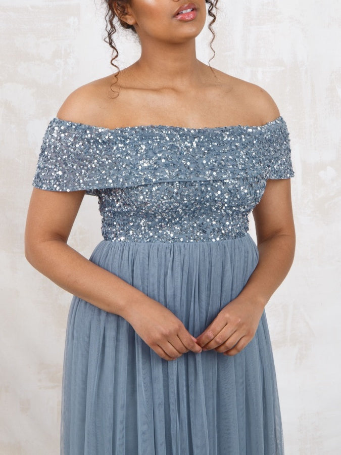 Maya Dusty Blue Bardot Embellished Maxi Dress