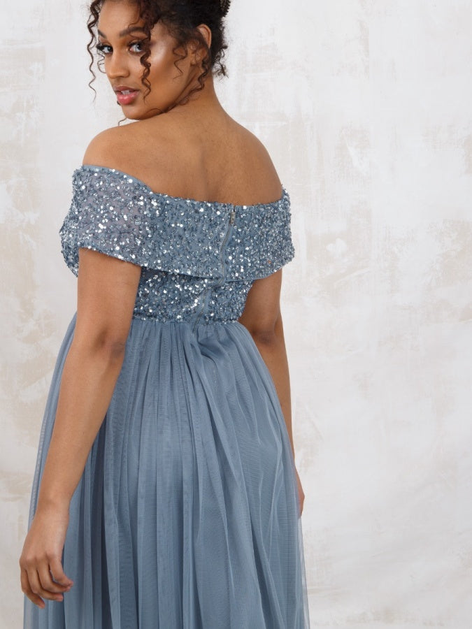 Maya Dusty Blue Bardot Embellished Maxi Dress