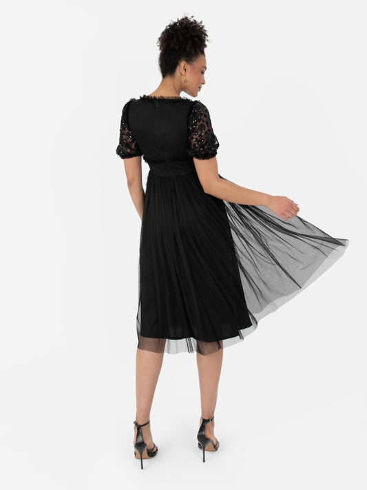 Maya Black Floral Embellished Sweetheart Neck Midi Dress