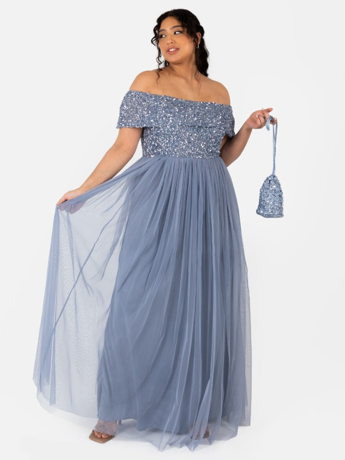 Maya Dusty Blue Bardot Embellished Maxi Dress