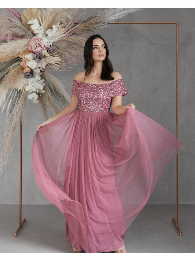 Maya Desert Rose Bardot Embellished Maxi Dress