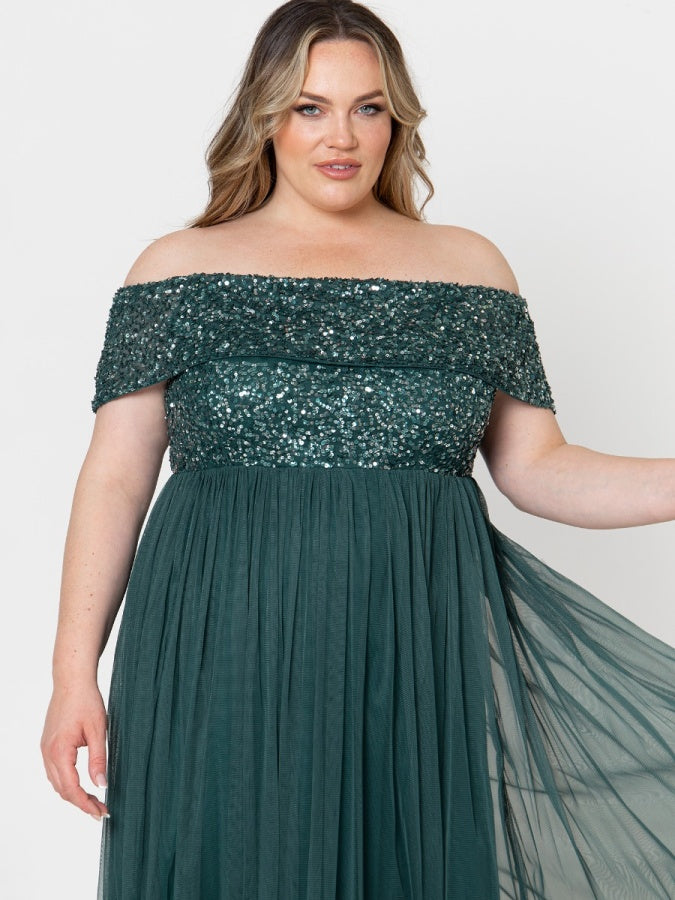 Maya Emerald Green Bardot Embellished Maxi Dress