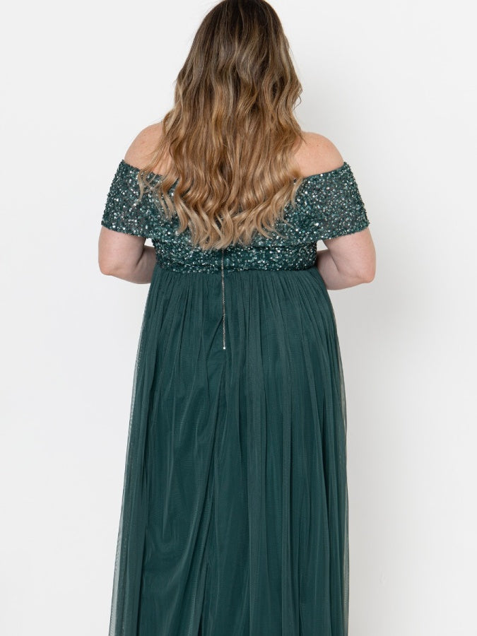 Maya Emerald Green Bardot Embellished Maxi Dress