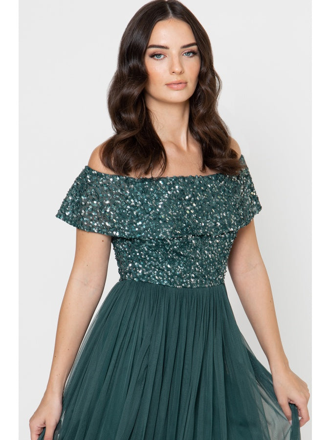 Maya Emerald Green Bardot Embellished Maxi Dress