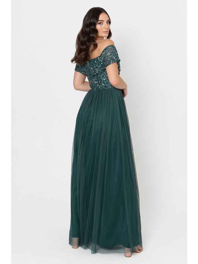 Maya Emerald Green Bardot Embellished Maxi Dress