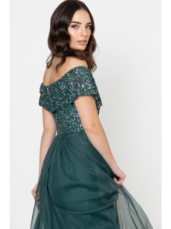 Maya Emerald Green Bardot Embellished Maxi Dress