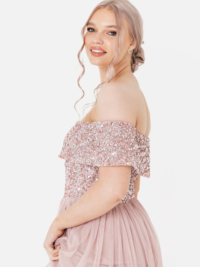 Maya Frosted Pink Bardot Embellished Maxi Dress
