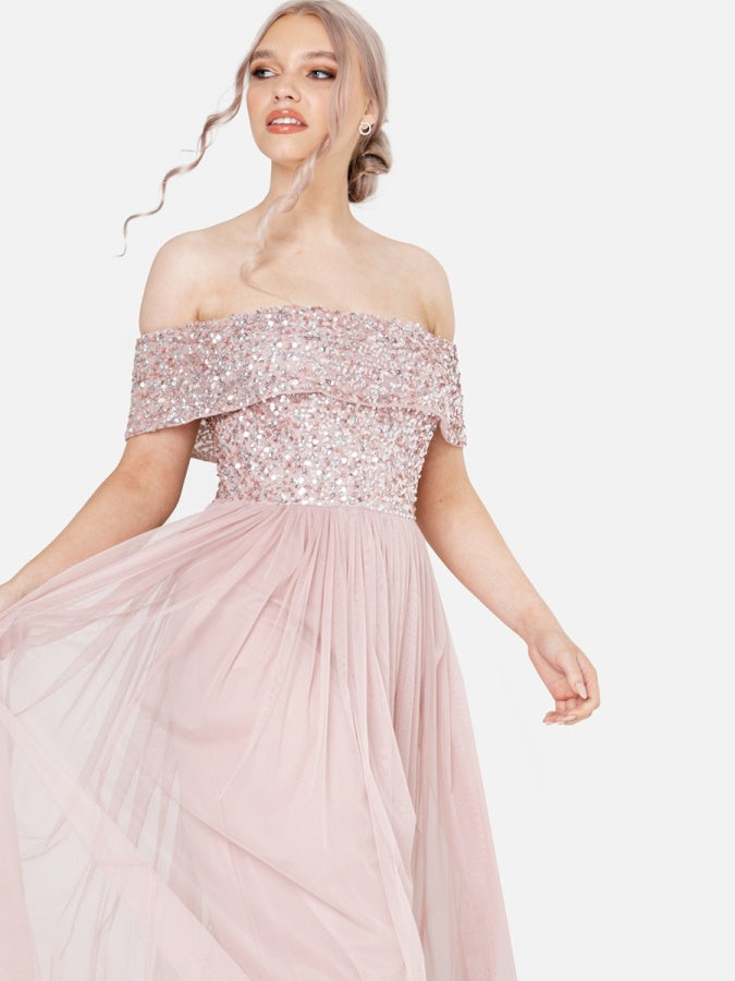 Maya Frosted Pink Bardot Embellished Maxi Dress