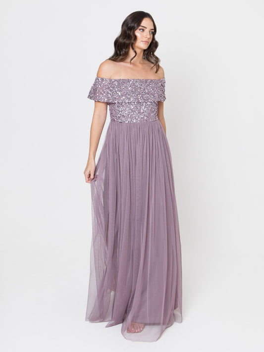 Maya Moody Lilac Bardot Embellished Maxi Dress