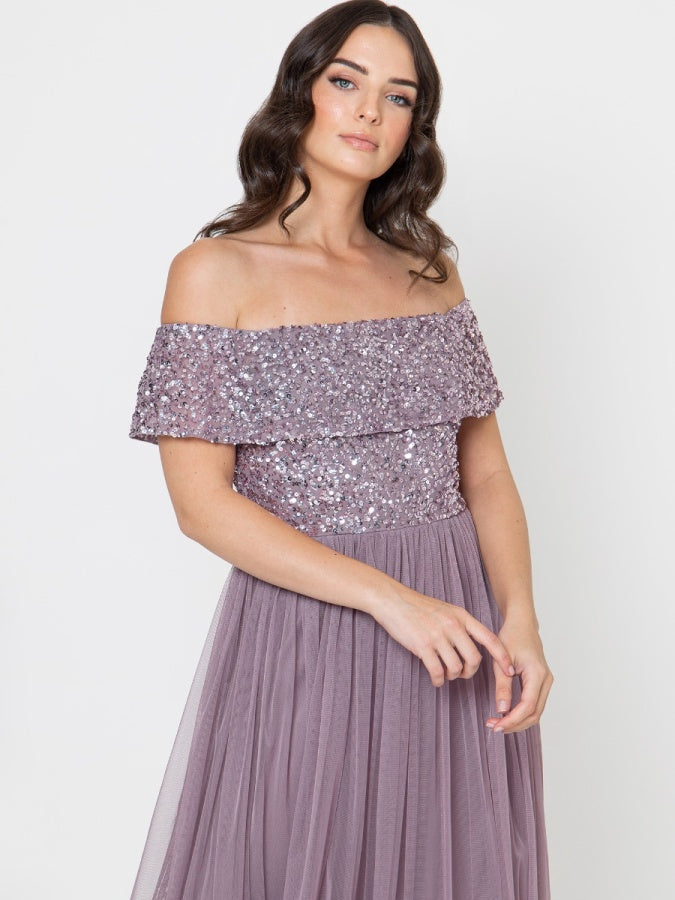 Maya Moody Lilac Bardot Embellished Maxi Dress