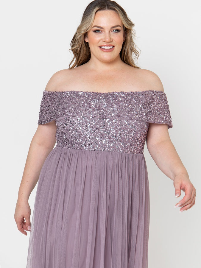 Maya Moody Lilac Bardot Embellished Maxi Dress