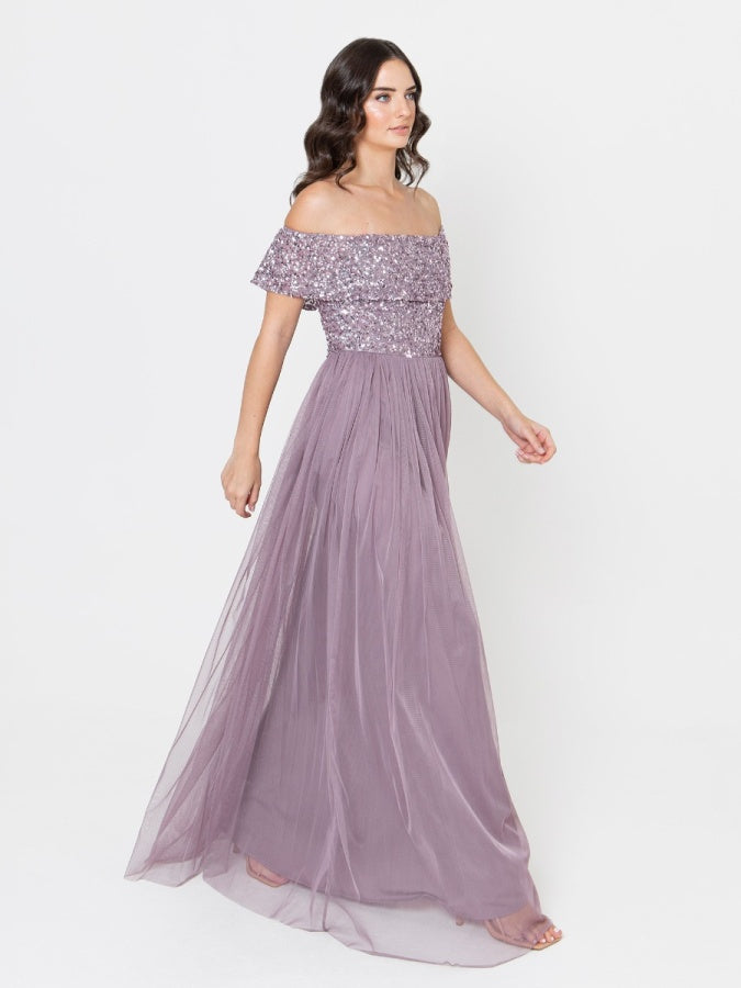 Maya Moody Lilac Bardot Embellished Maxi Dress