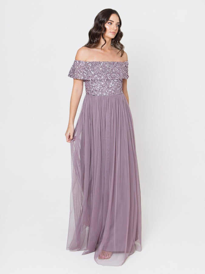 Maya Moody Lilac Bardot Embellished Maxi Dress
