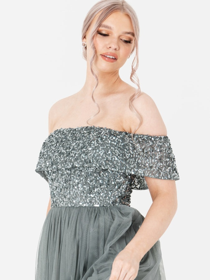 Maya Misty Green Bardot Embellished Maxi Dress