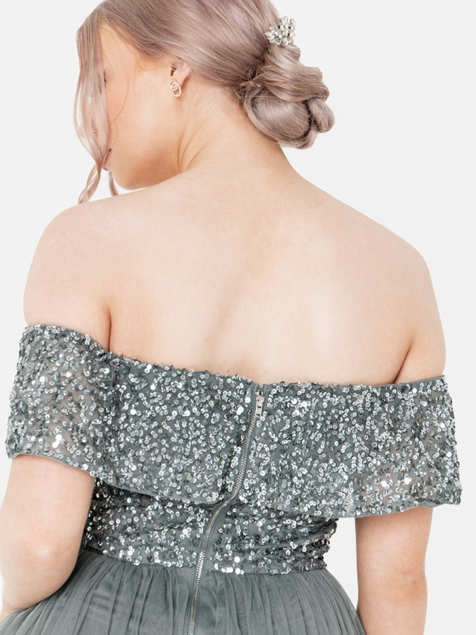 Maya Misty Green Bardot Embellished Maxi Dress