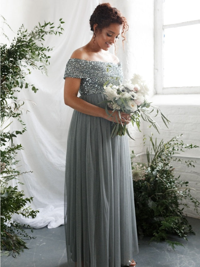 Maya Misty Green Bardot Embellished Maxi Dress