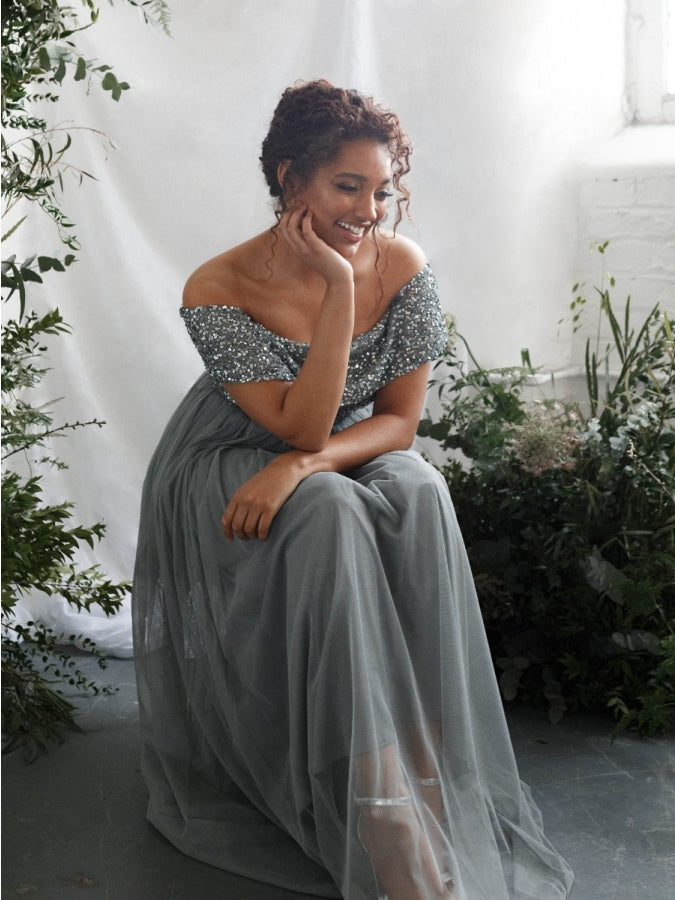 Maya Misty Green Bardot Embellished Maxi Dress