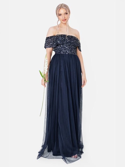 Maya Navy Bardot Embellished Maxi Dress