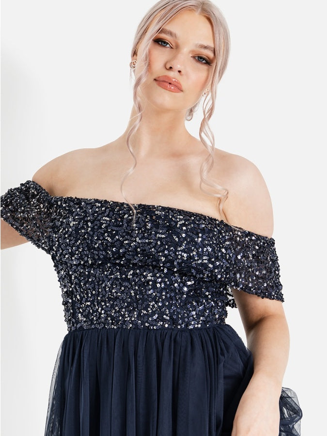 Maya Navy Bardot Embellished Maxi Dress