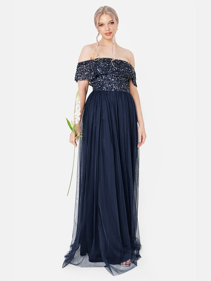 Maya Navy Bardot Embellished Maxi Dress