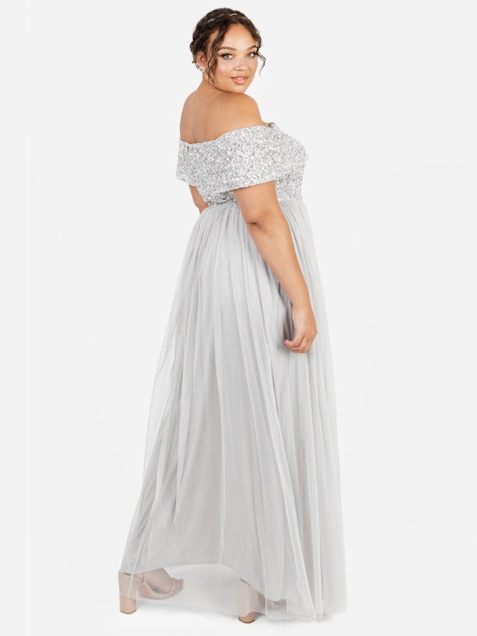 Maya Soft Grey Bardot Embellished Maxi Dress