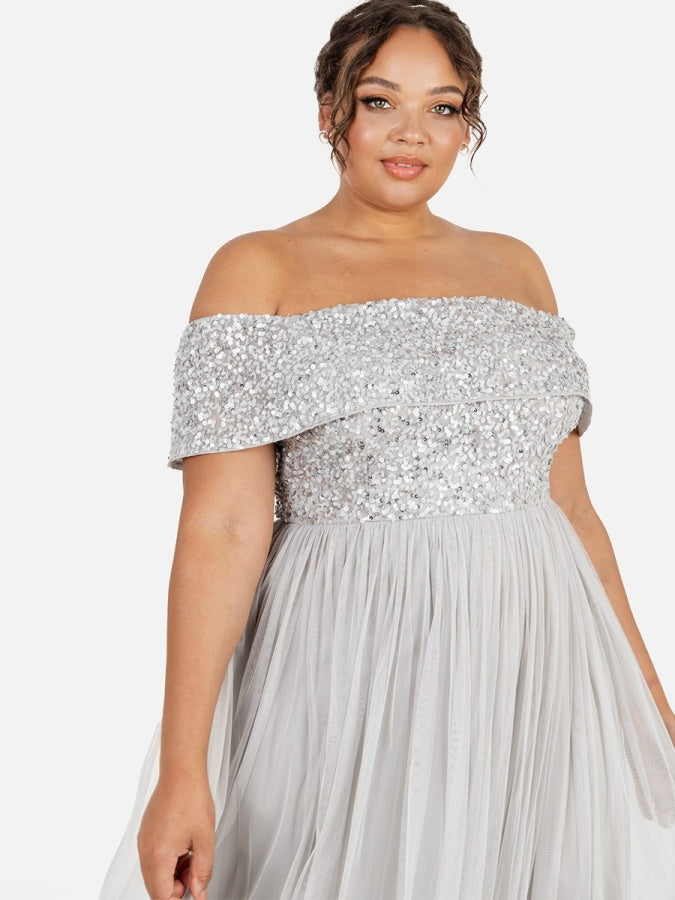 Maya Soft Grey Bardot Embellished Maxi Dress