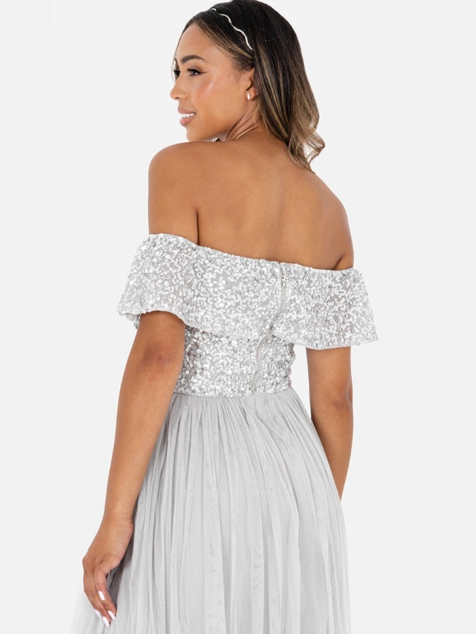 Maya Soft Grey Bardot Embellished Maxi Dress