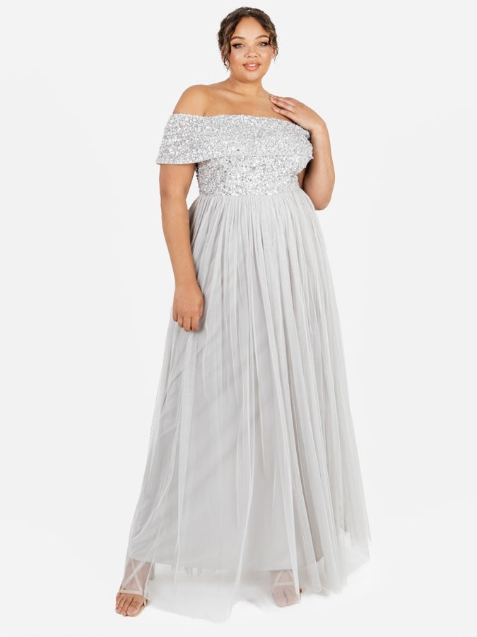 Maya Soft Grey Bardot Embellished Maxi Dress