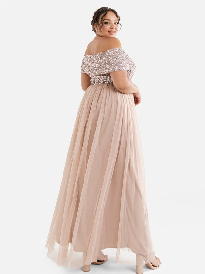 Maya Taupe Blush Bardot Embellished Maxi Dress