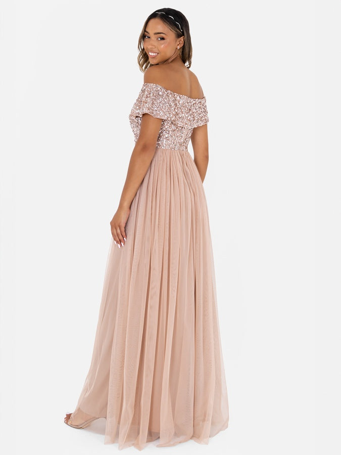Maya Taupe Blush Bardot Embellished Maxi Dress