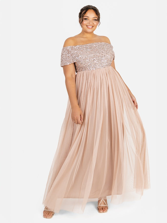 Maya Taupe Blush Bardot Embellished Maxi Dress