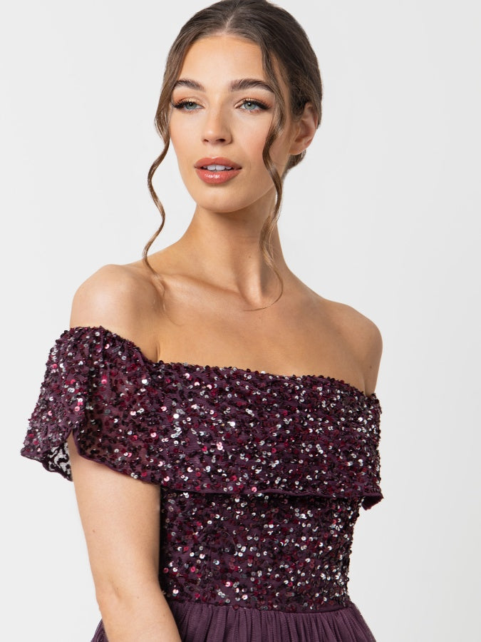 Maya Berry Bardot Embellished Midi Dress