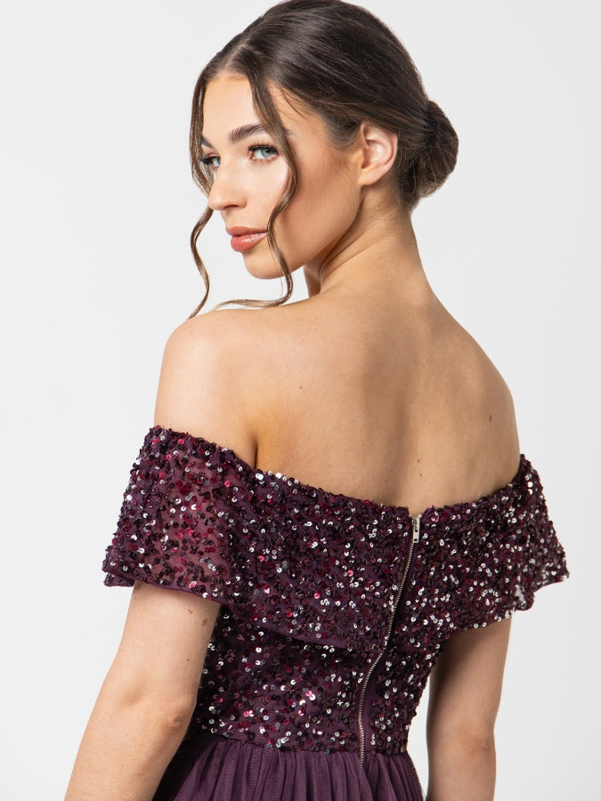 Maya Berry Bardot Embellished Midi Dress