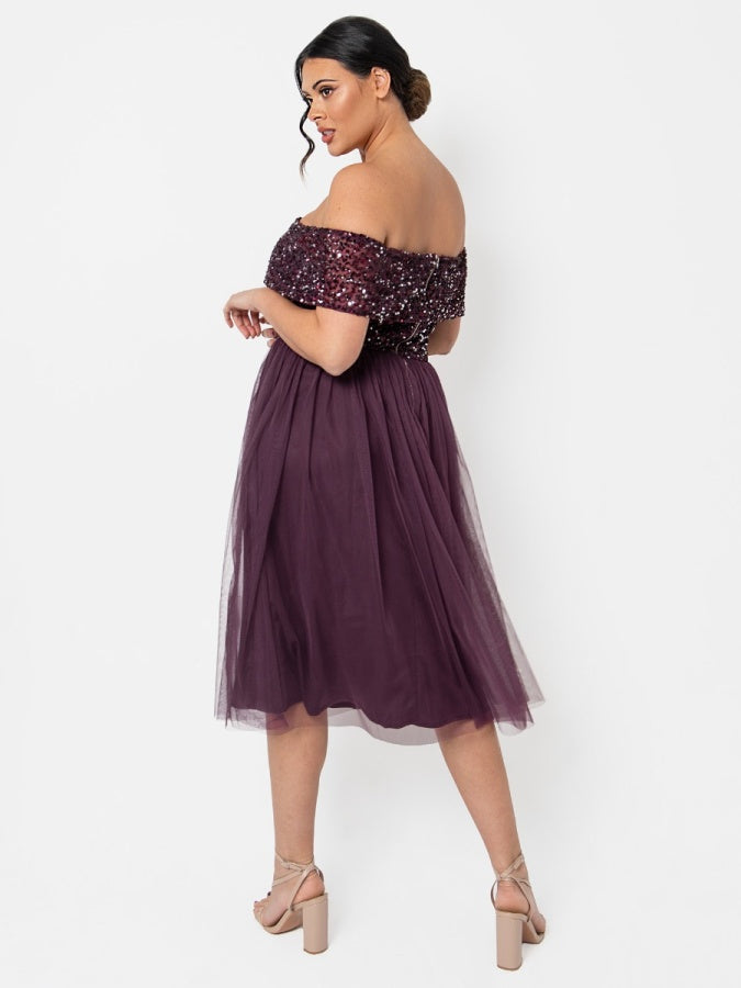 Maya Berry Bardot Embellished Midi Dress
