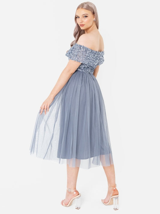 Maya Dusty Blue Bardot Embellished Midi Dress