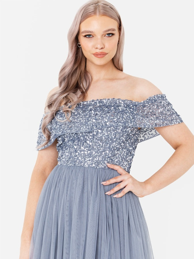 Maya Dusty Blue Bardot Embellished Midi Dress
