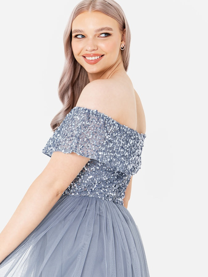 Maya Dusty Blue Bardot Embellished Midi Dress