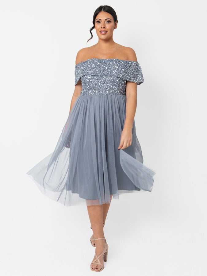 Maya Dusty Blue Bardot Embellished Midi Dress