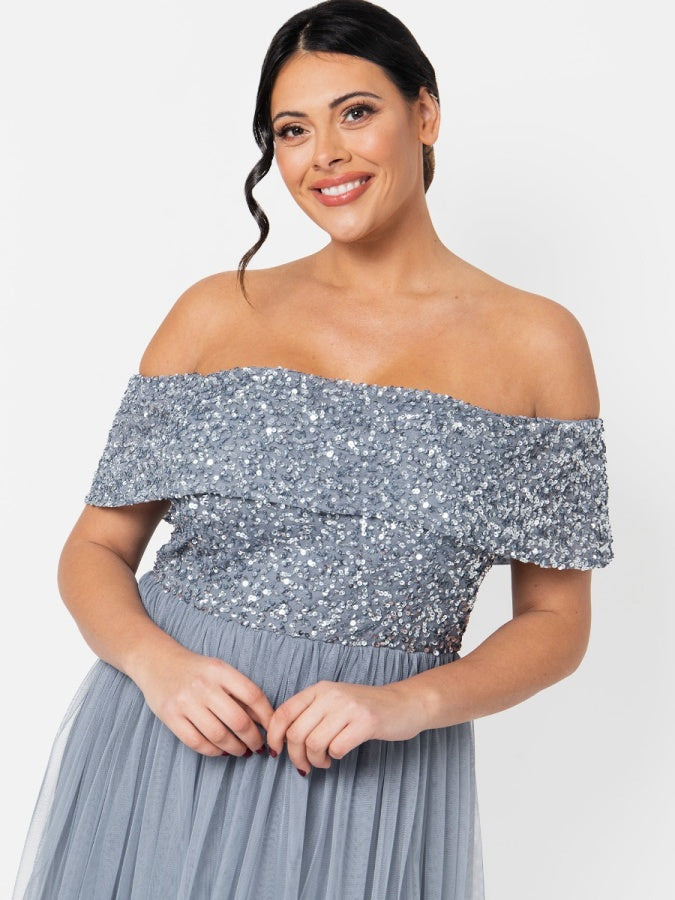 Maya Dusty Blue Bardot Embellished Midi Dress