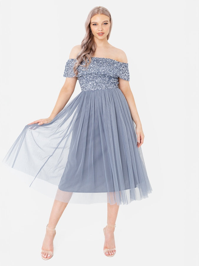 Maya Dusty Blue Bardot Embellished Midi Dress