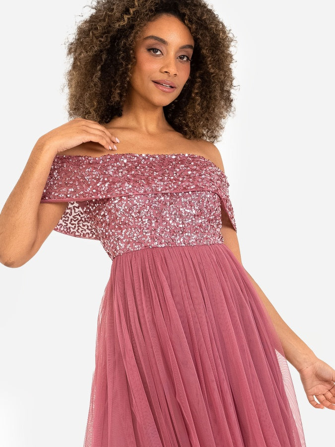 Maya Desert Rose Bardot Embellished Midi Dress