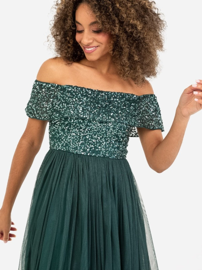 Maya Emerald Green Bardot Embellished Midi Dress
