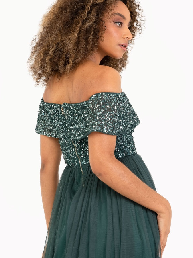 Maya Emerald Green Bardot Embellished Midi Dress
