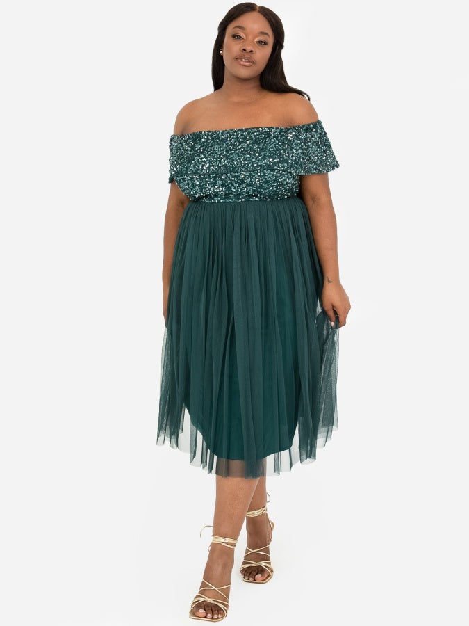 Maya Emerald Green Bardot Embellished Midi Dress
